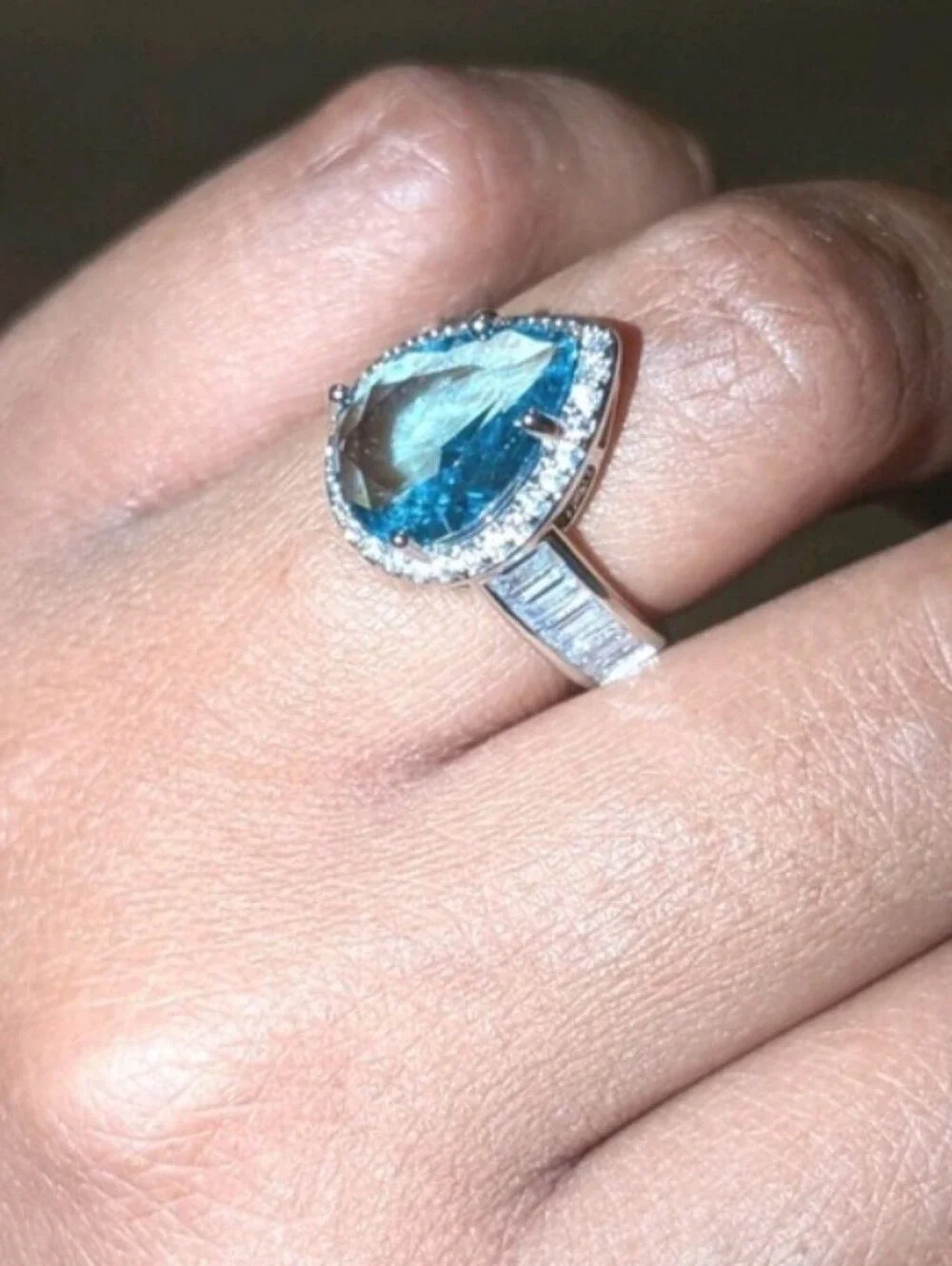 Shimmering 5ct Pear Cut Lab Created Blue Topaz Ring 14k White Gold Plated Sz 6